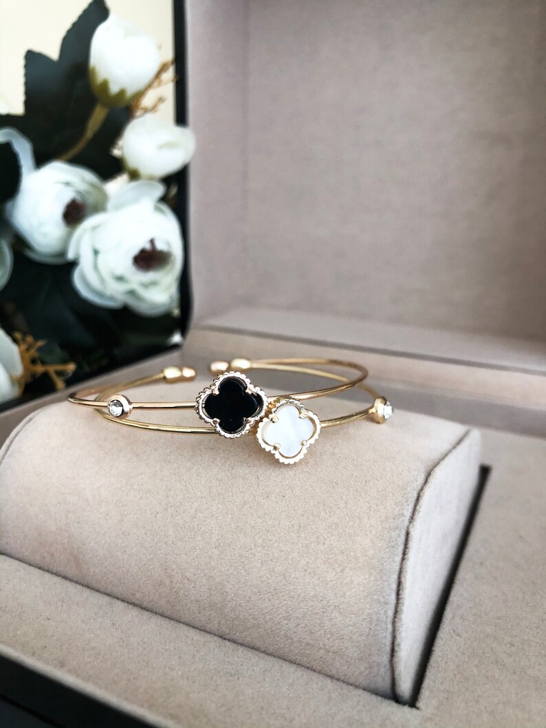 white clover clover charm bracelet black four leaf clover minimalist jewelry clover leaf jewelry Four clover bracelet bangle bracelet