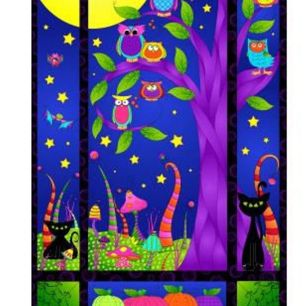 Happy Owl-O-Ween Quilt Wallhanging Fabric Panel Quilting Fabric Crafting Spooky Night Halloween Black Cats and Bats RJR Fabrics