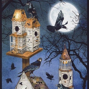 Gumdrop Raven Moon Digital Quilt Wallhanging Fabric Panel Quilting Fabric Crafting Spooky Halloween Haunted House Bats
