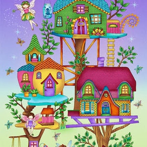 Fairy Land Quilt Wallhanging Fabric Panel Quilting Fabric Crafting Young Girl&#39;s Quilt Panel Fairies Fairy Tree House by Studio E Fabrics