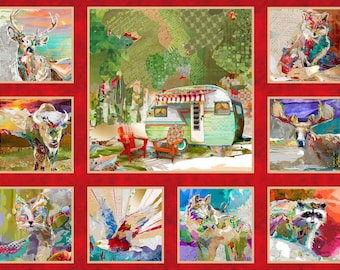 The Great Outdoors Digital Art Panel Quilt Panel Multi-Scene Blocks Panel Wolf Deer Camping Eagle Quilting Fabric Crafting by 3 Wishes