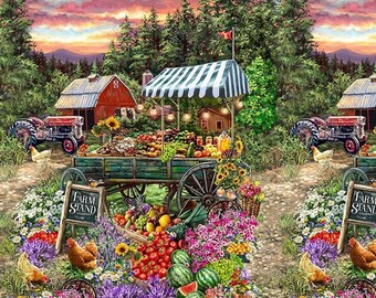 Farmstand Quilt Wallhanging Fabric Panel Vegetables Chickens Quilting Crafting Sewing Quilt Panel by Dona Gelsinger for Timeless Treasures