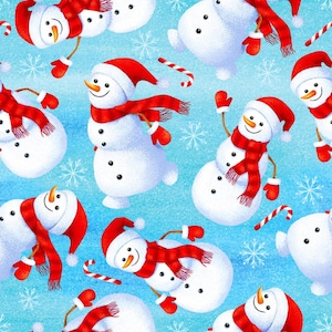 Snowmen Red Fabric Quilting or Crafting Cotton Fabric Christmas Snowman Candy Canes Winter