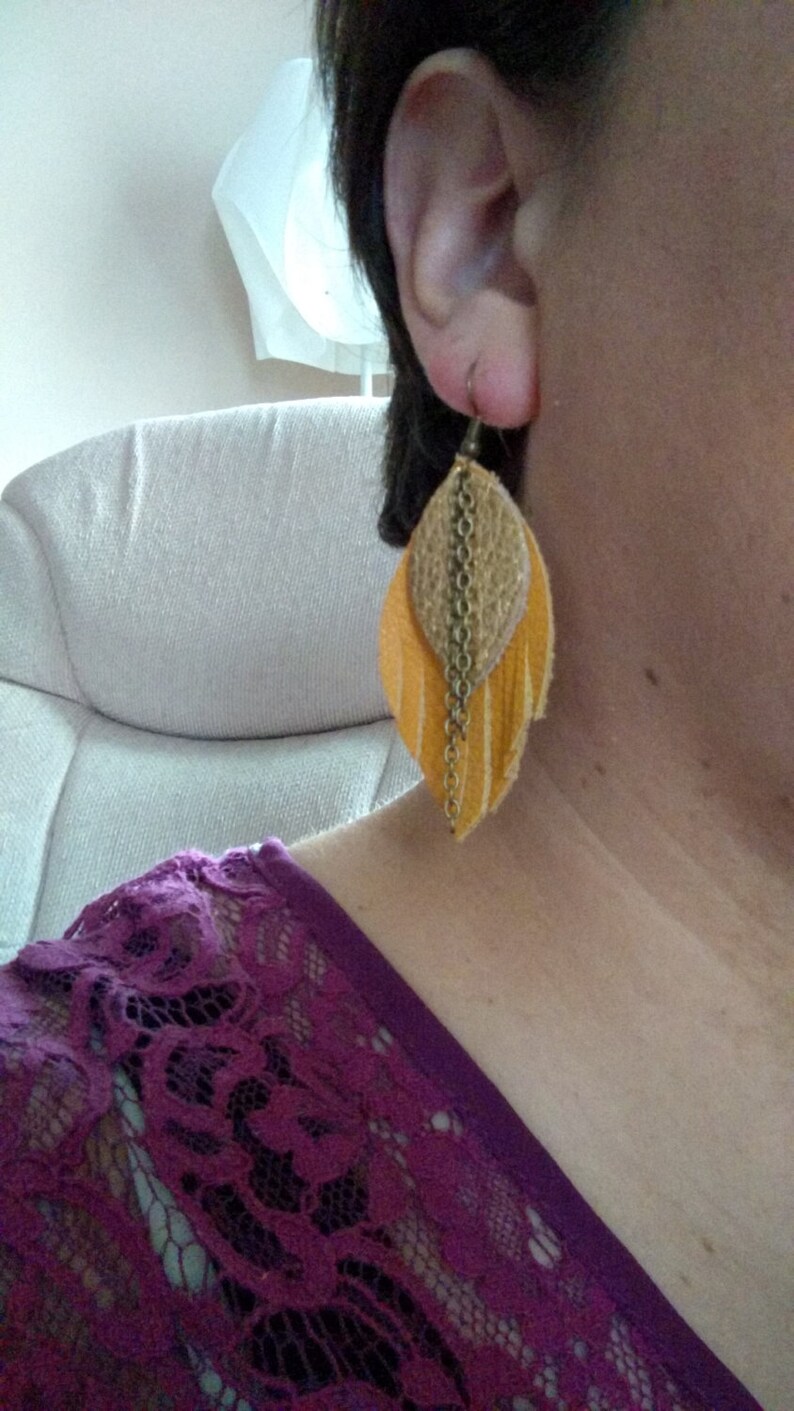 Mustard and Gold Layered Leather Earrings Fringed Leather Etsy