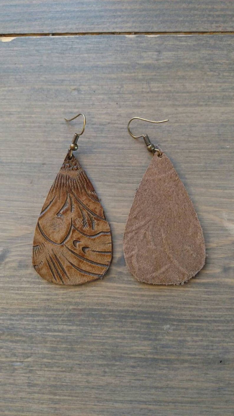 Brown Floral Leather Teardrop Earrings Brown Embossed | Etsy