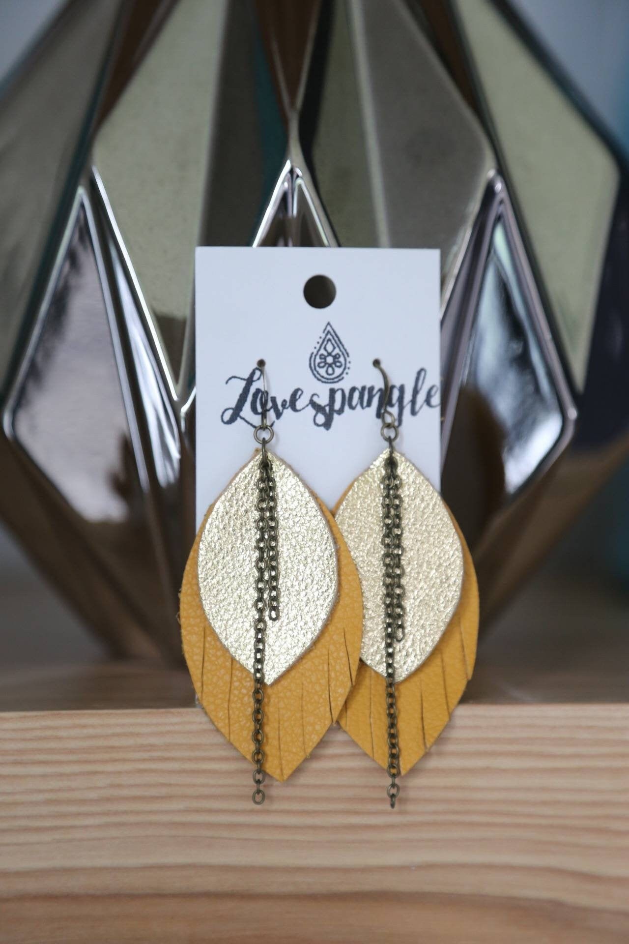 Mustard and Gold Layered Leather Earrings Fringed Leather Etsy