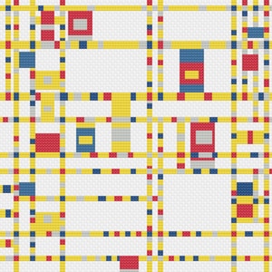 May include: Abstract geometric painting with a grid pattern in yellow, red, blue, and gray on a white background.