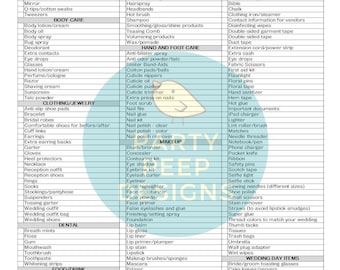 May include: A black and white checklist titled "Wedding Emergency Kit Checklist" with various categories like Beauty Tools, Hair, and Other. The list includes items such as blotting papers, hairspray, and bandages, designed to address potential wedding day needs.