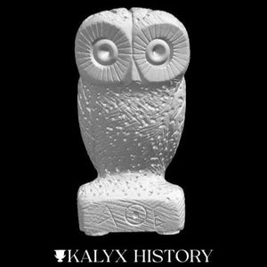 May include: White ceramic owl figurine with detailed eyes and a textured surface. The owl is standing on a base with the word "AΘH" inscribed on it.