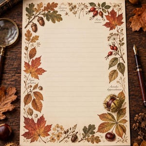 May include: A rectangular sheet of cream-colored stationery with horizontal lines, featuring a botanical border of autumn leaves, acorns, and berries. The text Quercus robur, Rosa canina, Fagus sylvatica, and Aesculus hippocastanum is printed.