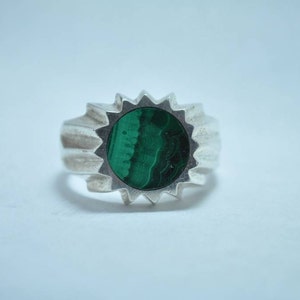 T11A01 Vintage Art Deco Sgnd Taxco TR-04 Malachite Sunburst 925 Sterling Silver Ring Sz 14  Mexico