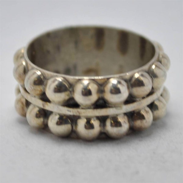 T14D01 Vintage Art Deco Style Double Beaded Band 925 Sterling Silver Ring Size 6.75  Mexico