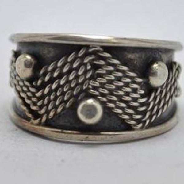 T13F03 Vintage Art Deco Sty Zigzag Braided Rope Bead 925 Sterling Silver Ring Sz 7.5 Mexico