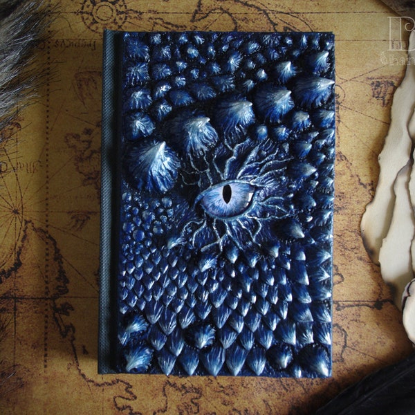 Dragon book, Skyrim inspired sketch journal, blue polymer clay cover with glass eye, sketchbook gift, notebook with dragon cover.