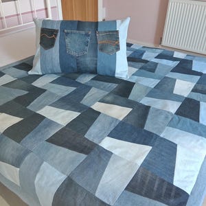 Juego de funda de cama individual, edredón, manta y funda de almohada de patchwork de mezclilla hecho a mano