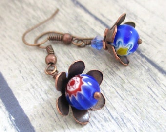 Blue Beaded Copper Flower Drop Earrings | Millefiori Glass Bead Earrings | Navy Floral Dangly Earrings