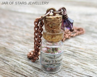 Fairy Flowers Jar Necklace | Purple Beaded Heather Bottle Necklace | Miniature Vial Copper Fairy Necklace