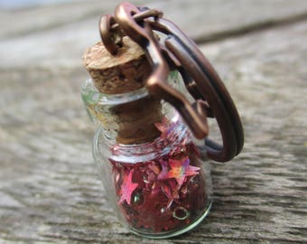 Pink Star Jar Copper Keyring | Starry Beaded Bottle Keyring | Miniature Fairy Jar Keyring Gift for Her