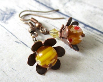 Yellow Beaded Copper Flower Drop Earrings | Millefiori Glass Bead Earrings | Floral Dangly Earrings