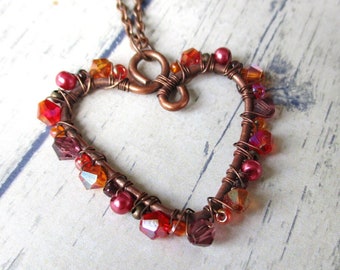 Long Sunset Pink Beaded Copper Heart Necklace | Bead Wrapped Heart Pendant | Pink, Red & Orange Necklace