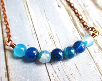 Ocean Blue Beaded Copper Bar Necklace | Blue Gemstone Bead Bar Pendant | Blue Agate Necklace