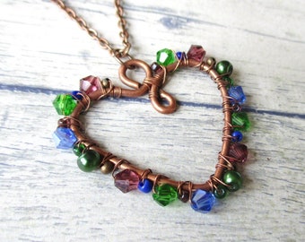 Long Beaded Copper Heart Necklace | Beaded Festival Heart Pendant | Purple, Green & Blue Necklace