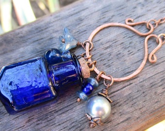 Long Blue Beaded Square Jar Necklace | Navy Miniature Bottle Pendant | Copper Cluster Necklace