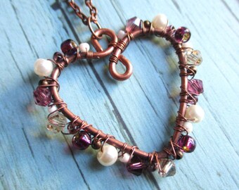 Long Purple Beaded Copper Heart Necklace | Bead Wrapped Heart Pendant | Purple & Pearl Necklace
