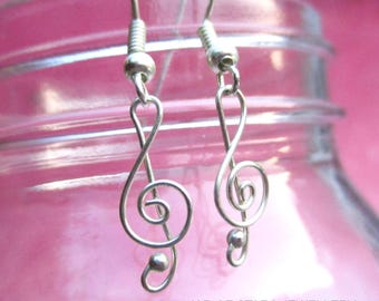 Silver-Plated Wire Treble Clef Earrings | Simple Musical Drop Earrings | Dangly Earrings for Music Lover