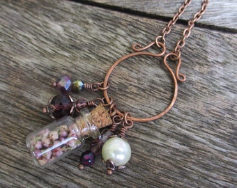 Long Purple Beaded Flower Jar Necklace | Flower Miniature Bottle Pendant | Heather Bud Copper Necklace