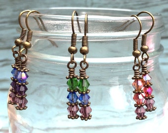 Crystal Boho Drop Earrings in Festival Green, Sunset Orange and Dusk Purple | Bronze Beaded Dangly Earrings