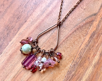 Long Pink Beaded Copper Necklace | Flower Bead Cluster Copper Pendant | Pink Beaded Chain Necklace
