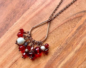 Long Red Beaded Copper Necklace | Bead Cluster Copper Pendant | Red Beaded Chain Necklace