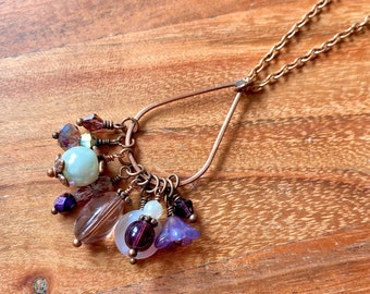 Long Purple Beaded Copper Necklace | Flower Bead Cluster Copper Pendant | Purple Beaded Chain Necklace