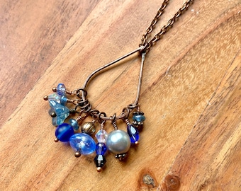 Long Dusky Blue Beaded Copper Necklace | Bead Cluster Copper Pendant | Blue Beaded Chain Necklace