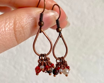 Red Beaded Copper Teardrop Drop Earrings | Red & Pearl Glass Bead Earrings | Dainty Red Copper Dangly Earrings