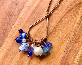 Long Blue Beaded Copper Necklace | Flower Bead Cluster Copper Pendant | Blue Beaded Chain Necklace