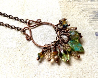 Long Green Leaf Bead Cluster Necklace | Bead Cluster Copper Pendant | Leafy Green Beaded Chain Necklace