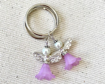 Purple Flower Fairy Keyring | Tiny Purple Beaded Fairy Keychain | Fairy Wings Silver-Plated Key Charm