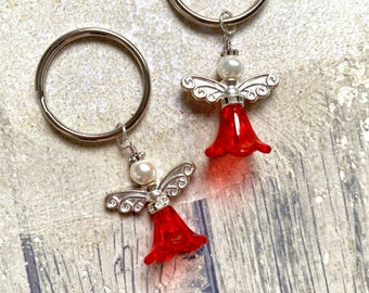 Red Flower Fairy Keyring | Tiny Red Beaded Fairy Keychain | Fairy Wings Silver-Plated Key Charm