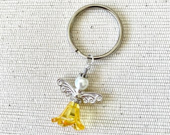 Yellow Flower Fairy Keyring | Tiny Yellow Beaded Fairy Keychain | Fairy Wings Silver-Plated Key Charm