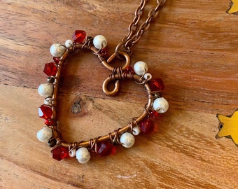 Long Copper Heart Necklace in Red & Pearl | Christmas Copper Beaded Heart Pendant with Chain