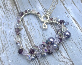 Purple Crystal long heart necklace | Silver-plated blue heart pendant | Large Silver Heart Pendant Necklace