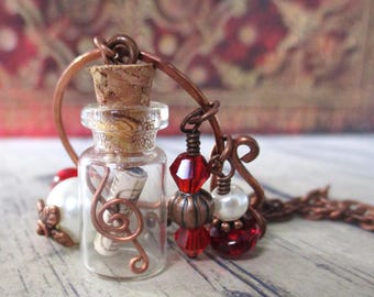 Long Red Music Jar Necklace | Treble Clef Miniature Bottle Pendant | Copper Beaded Cluster Necklace