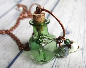 Long Green Leaf Jar Necklace | Square Miniature Bottle Pendant | Copper Beaded Cluster Necklace