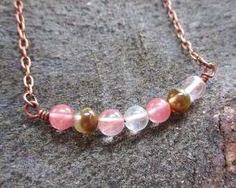 Pink Gemstone Beaded Copper Bar Necklace | Pink Agate Bead Bar Pendant