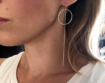 Lightweight Hammered Circle Extra Long Threaders. Available in Sterling Silver or 14K Yellow and Rose Gold Filled.