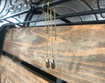 14k gold filled threaders with faceted tiny pyrite dangle.