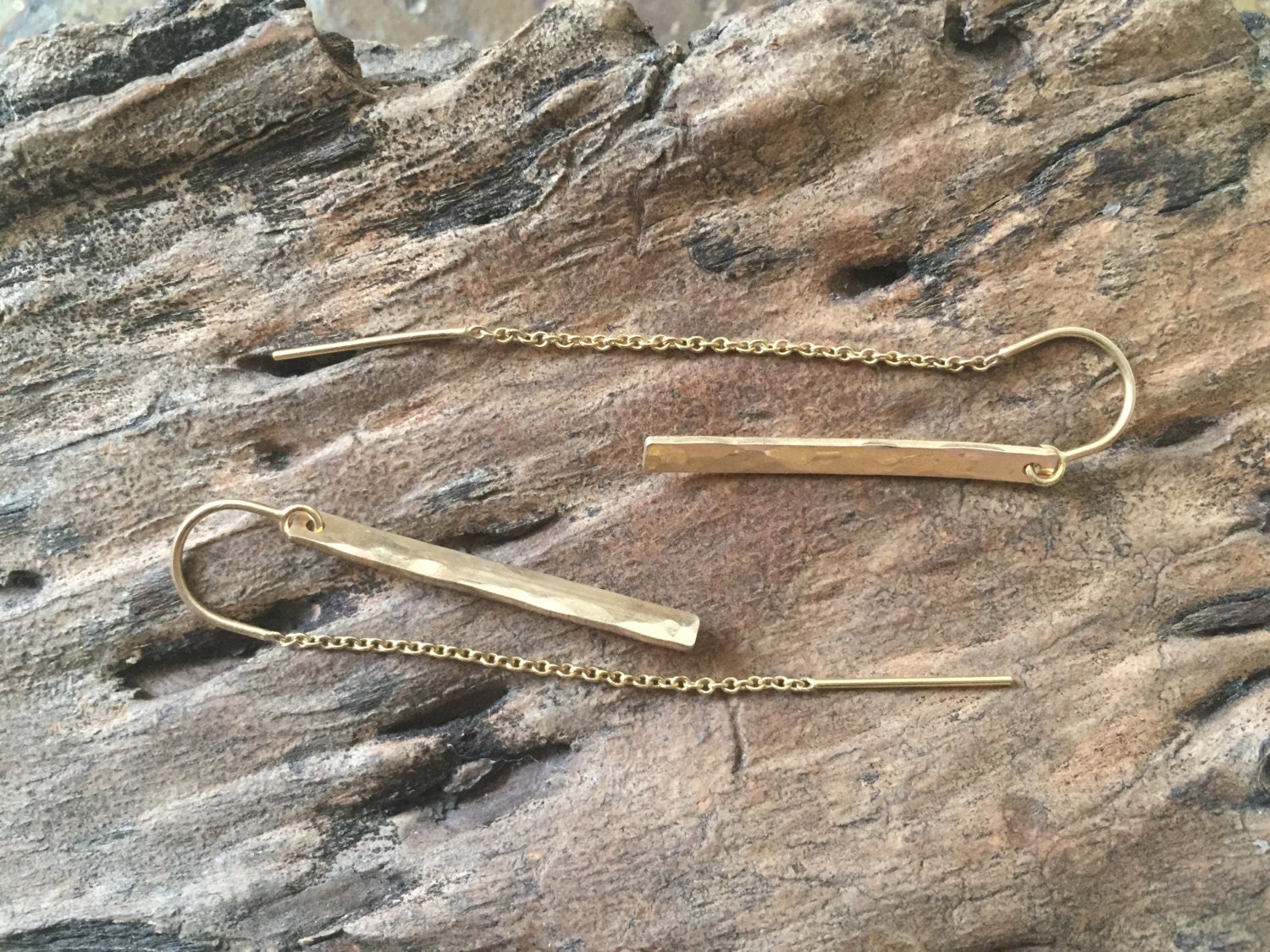 14K GoldFilled Hammered Bar Threader Earrings Etsy