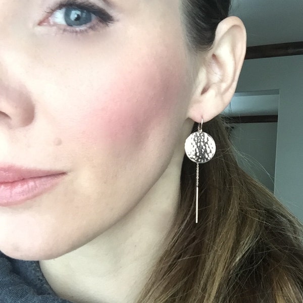 Rose Gold Hammered Large Disc Threader Earrings With U-bar